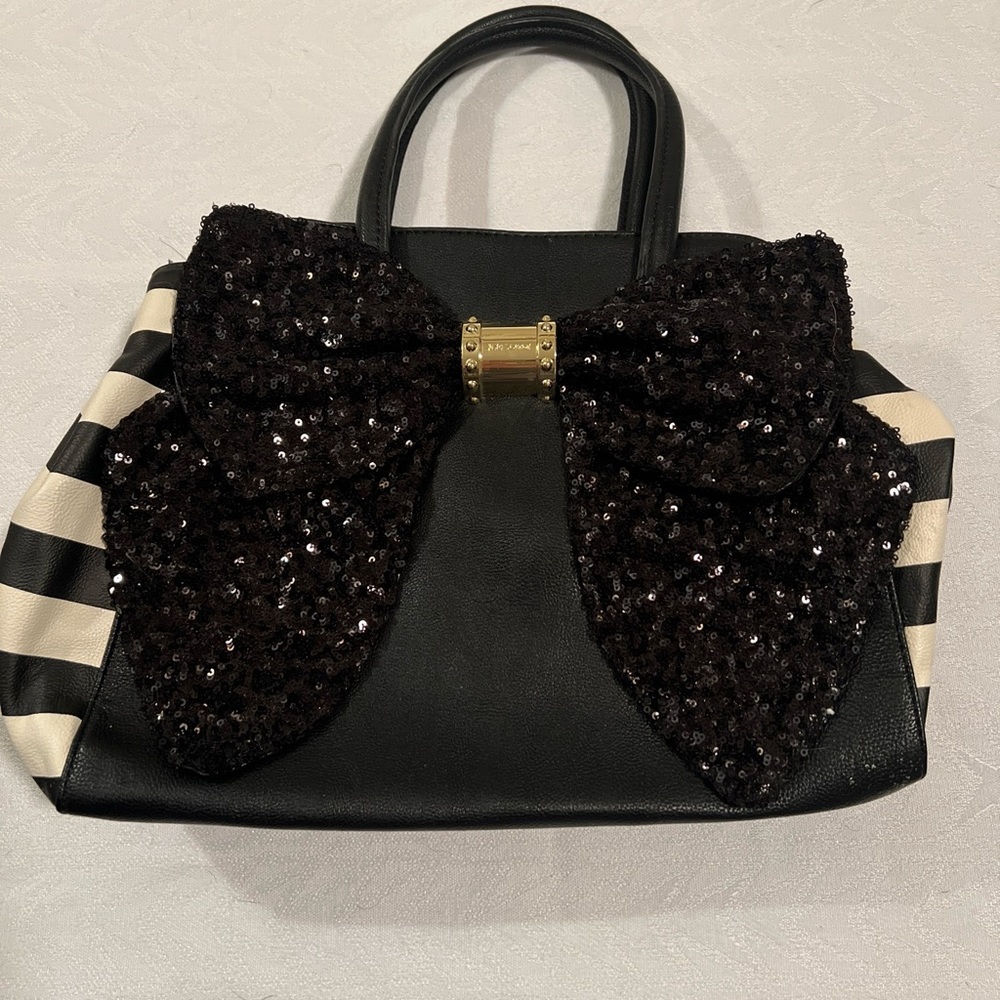Betsey Johnson Black and White Stripe, Sequin Bow, handbag